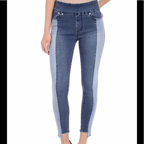 INDIGO AND LIGHT BLUE STRIPE RACHEL HIGH RISE ANKLE PANTS - Picture 1 of 5